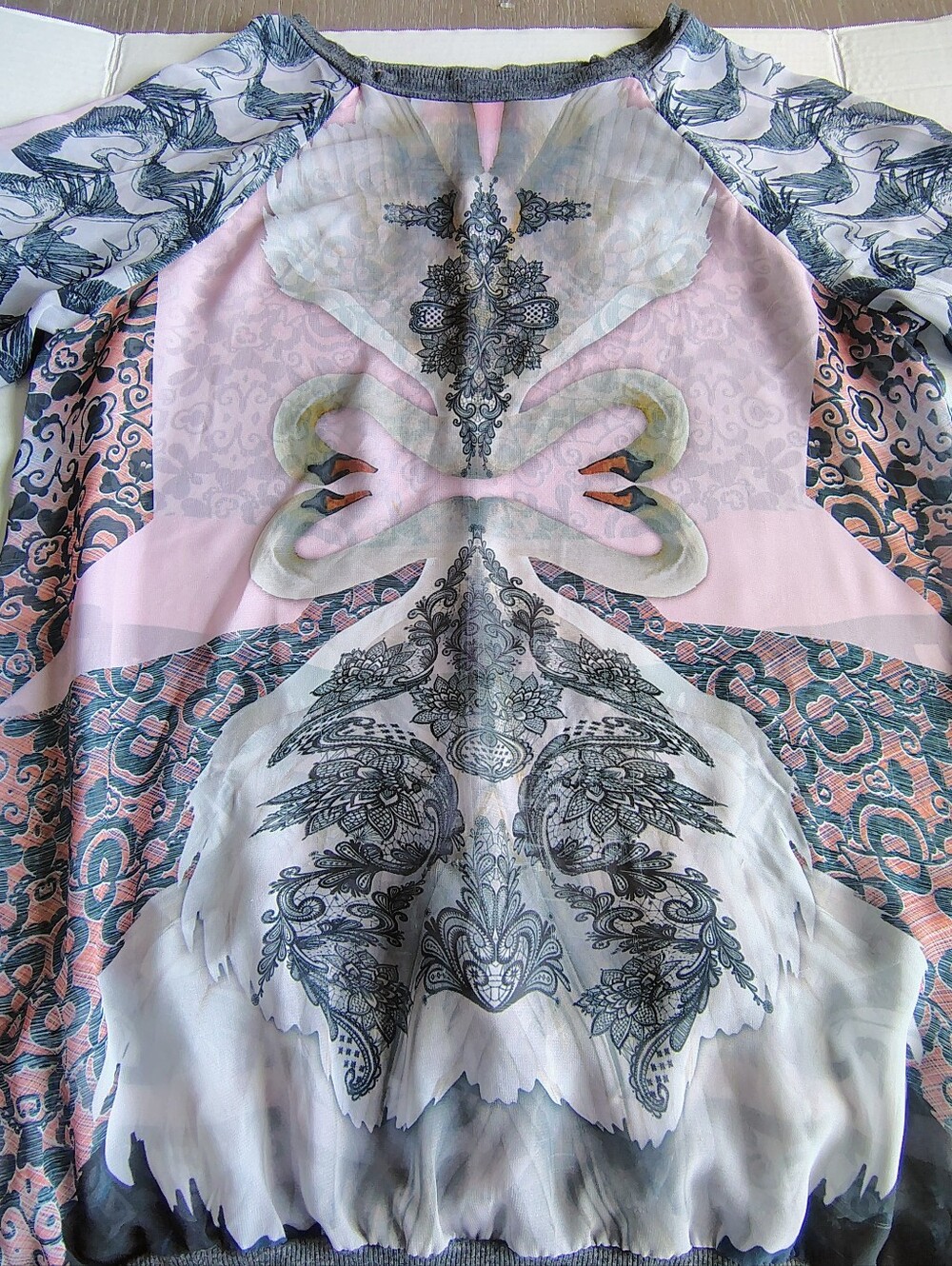 Patchwork Bird Art Sheer Romantic Puff Sleeves Pullover By Clover Canyon USA